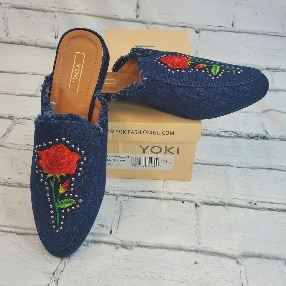 YOKI Willas 71 DARK DENIM Low Heal Slip On Embroidery Rose Beauty Beast Shoes - Picture 13 of 14